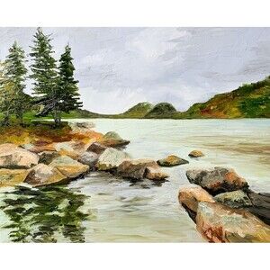 8x10 Maine Original Oil Landscape Painting Jordan Pond Acadia Coastal Art Signed